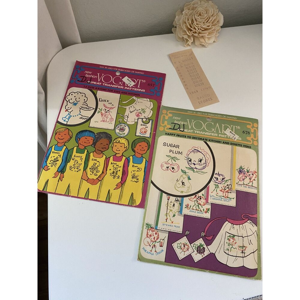 Vintage Vogart Embroidery Transfer Patterns Lot 2 Kitchen Axioms Funny Fruits